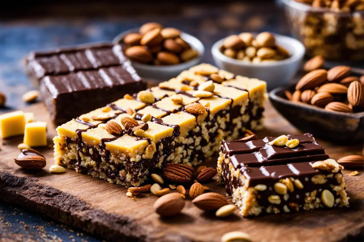 Assorted protein bars on a kitchen counter.