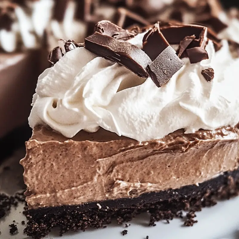 A slice of French Silk Pie with a smooth chocolate filling, topped with fluffy whipped cream and served on a dessert plate