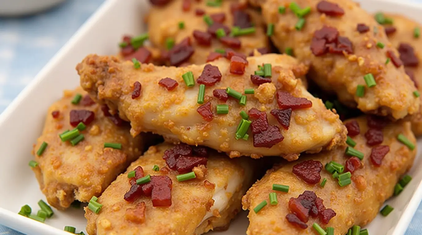 Crispy bacon-wrapped chicken tenders served with a dipping sauce.