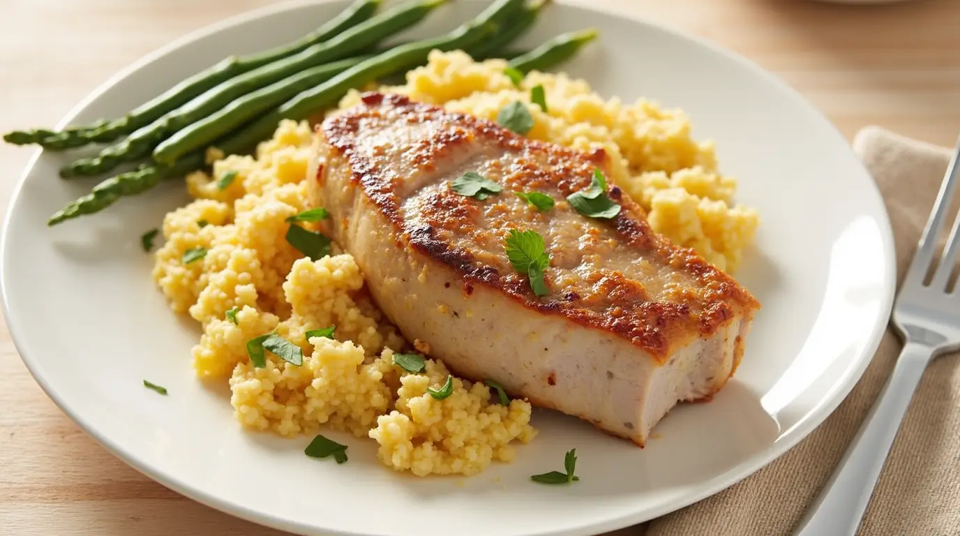 Golden, crispy Buttermilk Parmesan Pork Chops served on a plate, garnished with herbs