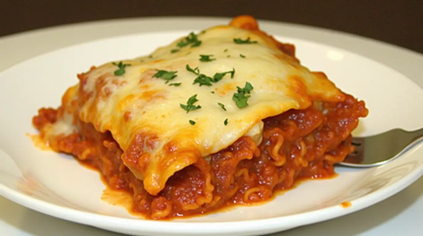 A hearty serving of Crockpot Ravioli Lasagna with layers of ravioli, marinara sauce, and melted cheese