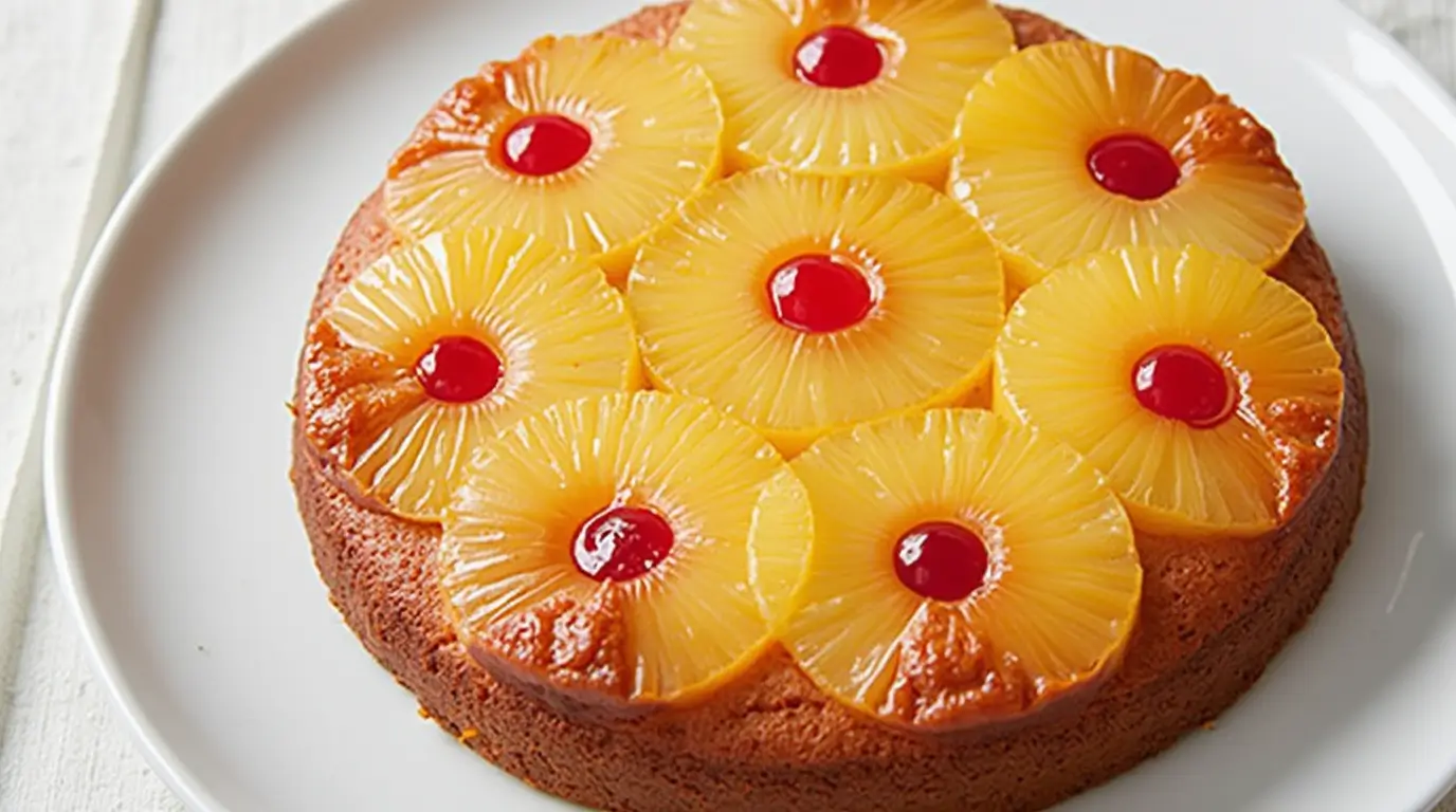 Golden pineapple slices caramelized on top of a fluffy, moist upside-down cake, creating a deliciously sweet and fruity dessert