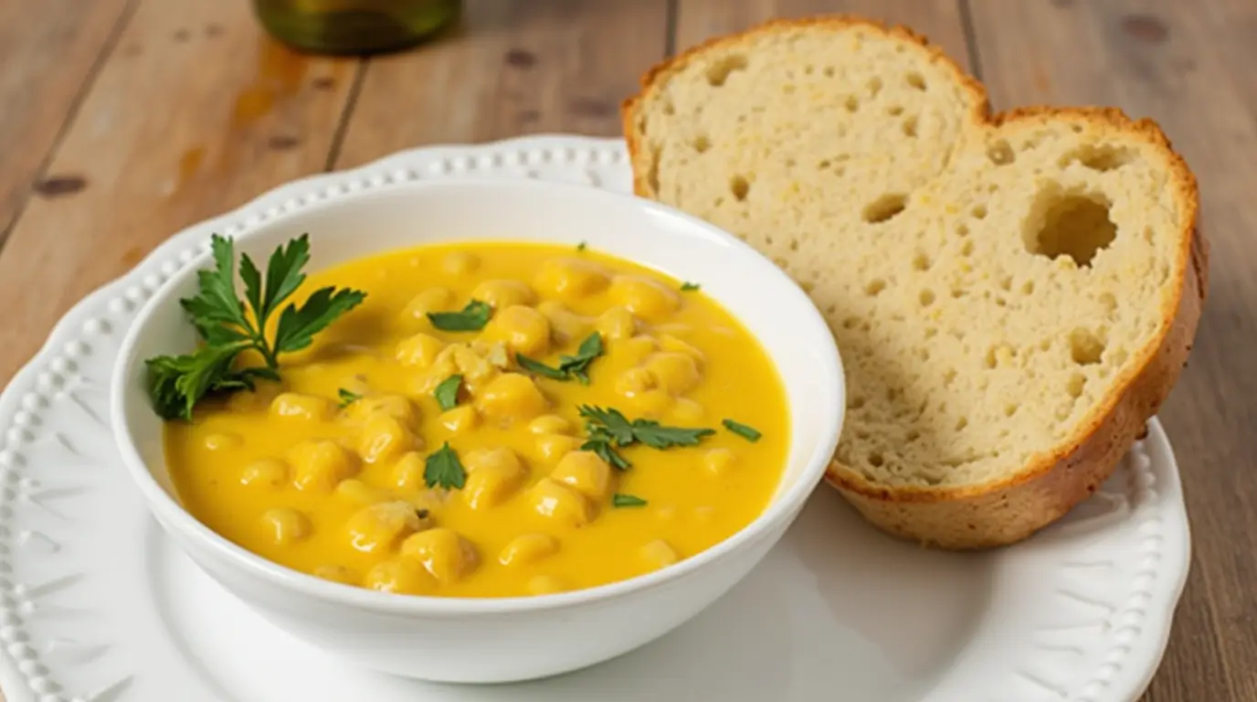 A warm bowl of wholesome roasted corn chowder with golden roasted corn kernels, creamy broth, and fresh herbs on top