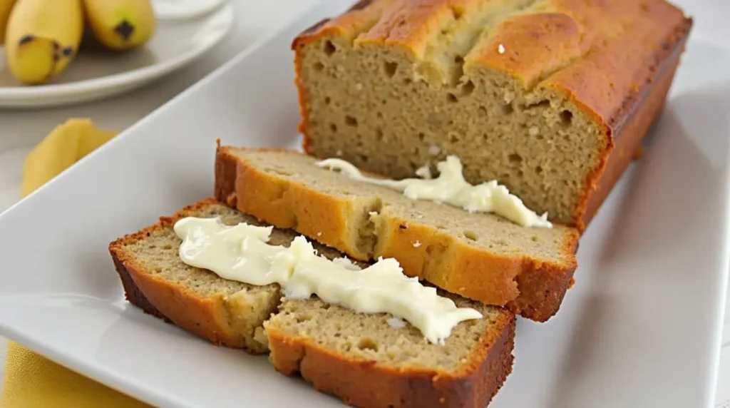A freshly baked loaf of Cream Cheese Banana Bread, featuring a moist banana base with a creamy cheese swirl in the center, sliced and ready to serve