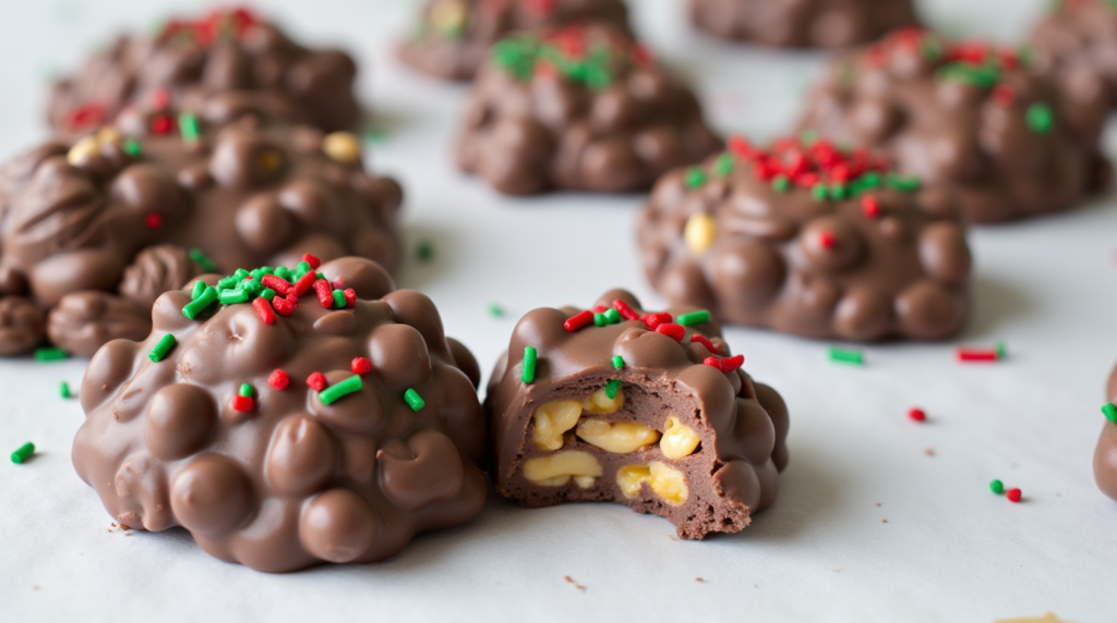 Close-up of Crockpot Christmas Crack with layers of chocolate, peanut butter, and crunchy nuts on a holiday-themed table