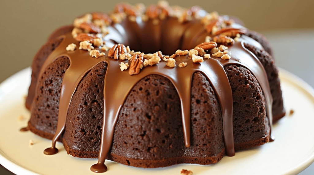Decadent German Chocolate Pecan Pound Cake topped with rich German chocolate frosting, coconut, and pecans, served on a rustic dessert plate