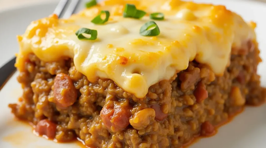 Mac and Cheese Meatloaf Casserole with layers of creamy mac and cheese and tender meatloaf, topped with melted cheese and breadcrumbs