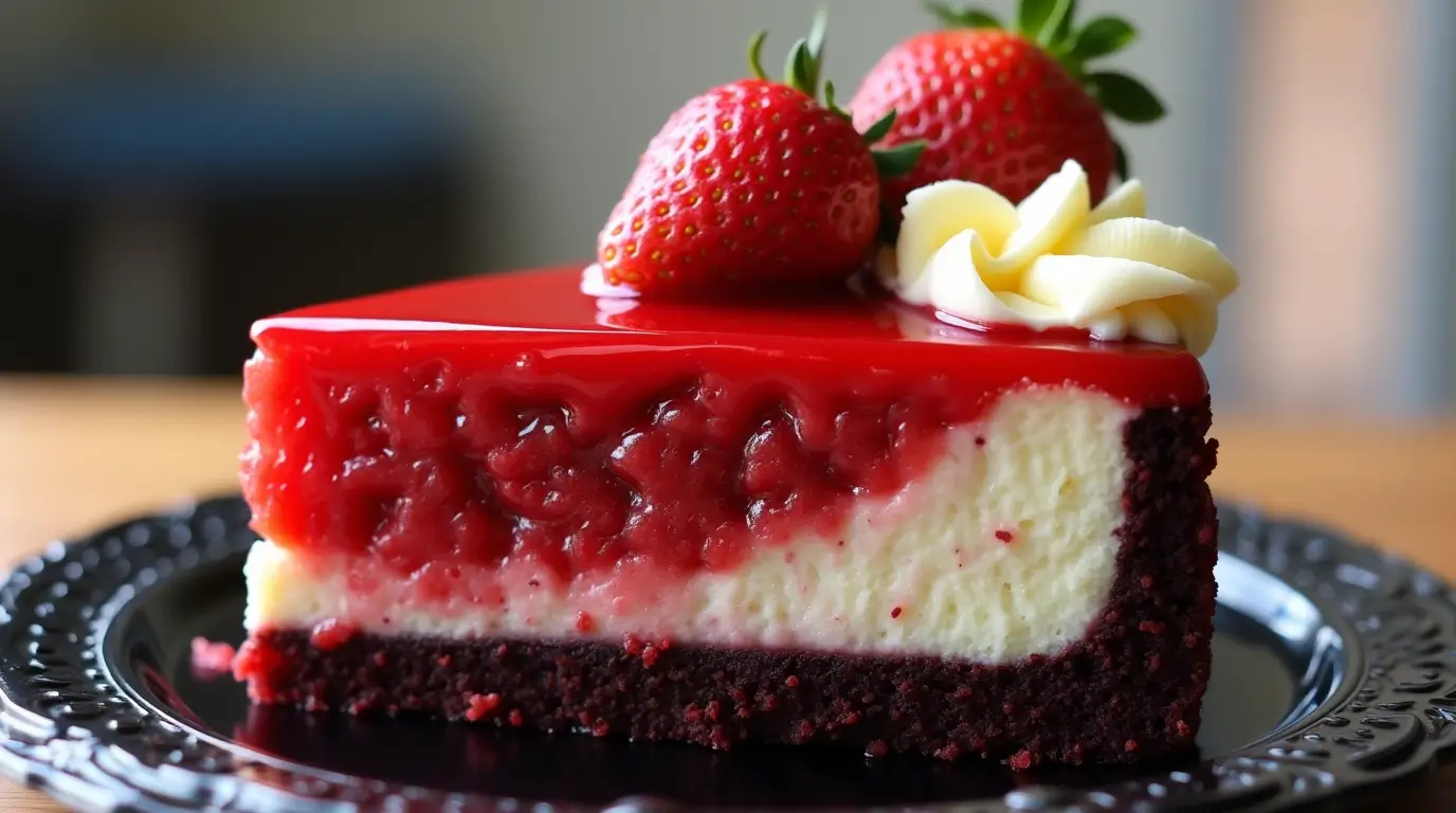 A slice of Red Velvet Strawberry Cheesecake with a rich cream cheese filling, topped with fresh strawberries, resting on a graham cracker crust. The vibrant red color of the cake adds a festive touch