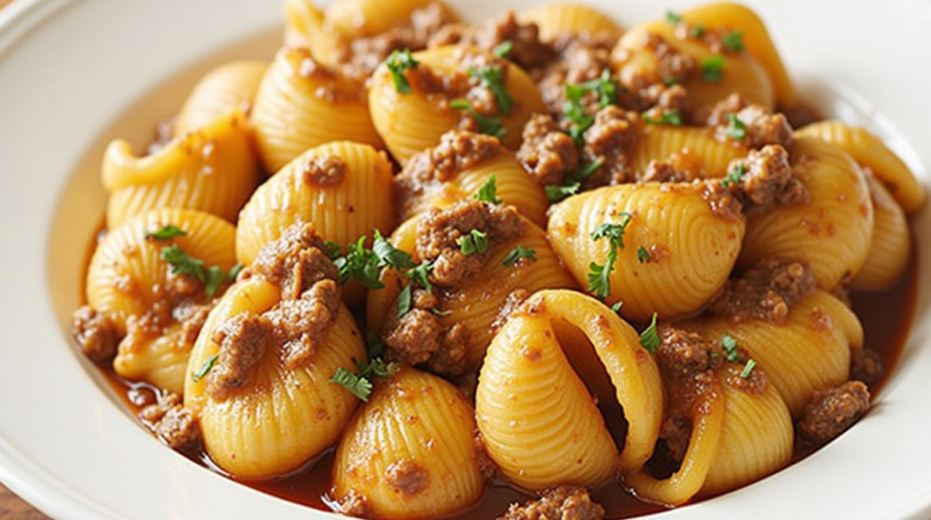 Creamy Beef Shells Recipe served in a bowl with rich beef sauce and pasta shells
