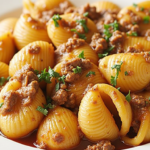 Creamy Beef Shells Recipe served in a bowl with rich beef sauce and pasta shells