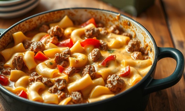 A plate of creamy Velveeta Beef & Bowtie Pasta, featuring tender bowtie pasta coated in a rich, cheesy sauce with ground beef, sautéed onions, and garlic. Garnished with fresh parsley.