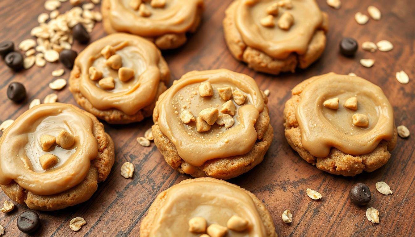 A plate of Peanut Butter No-Bake Cookies, featuring soft, chewy cookies with a rich peanut butter flavor and a glossy finish, arranged neatly on a wooden surface