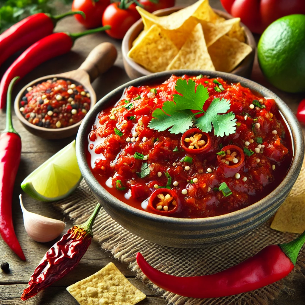 A vibrant and spicy Chili de Arbol Salsa made with red chilies, garlic, and tomatoes, served in a small bowl