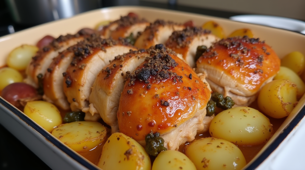A delicious Chicken and Potato Bake, featuring tender chicken breasts and crispy, seasoned potatoes, baked to perfection for a comforting meal.