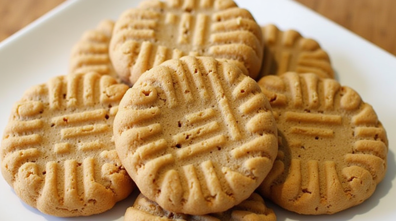 A plate of freshly baked peanut butter cookies, golden brown with a classic crisscross pattern on top, ready to be served.