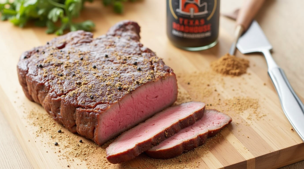 Texas Roadhouse Steak Seasoning in a bowl with ingredients, perfect for enhancing the flavor of steaks, chicken, and vegetables.